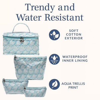 Vanity Bag/Train Case - Water-Resistant, PVC-Lined, Easy to Clean, Compact & Travel Ready Makeup Organizer - Aqua Trellis Print - color: Aqua Trellis, size: Large Vanity/Train Case