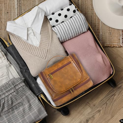 Travel Toiletry Bag For Men and Women, Leather Hanging Toiletry Organizer, Waterproof with Separate Compartments, Travel Kit for Gym Camping and Mens Gift (Light Brown)
