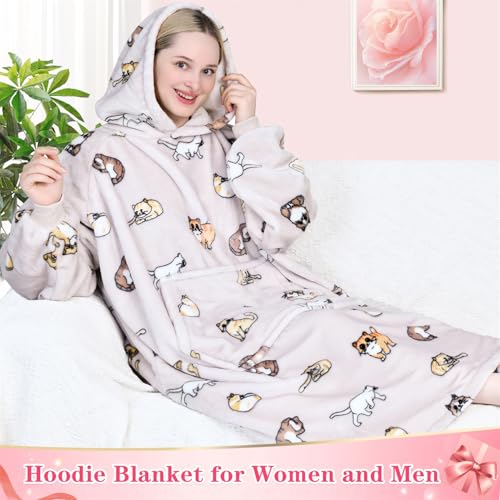 Waitu Wearable Blanket Sweatshirt Gifts for Women and Men, Warm and Cozy Giant Blanket Hoodie, Thick Flannel Blanket with Sleeves and Giant Pocket - Cat Gray - color: Cat Gray, size: Adult