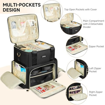 Extra Large Makeup Bag with 3 Removable Cases, Double Layers Travel Cosmetic Storage Organizer Bag with Detachable Dividers, Black - color: Black01