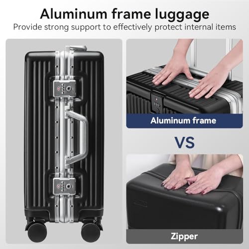24 Inch Aluminum Frame Luggage with Front Pocket, Black - color: Black, size: 24 Inch