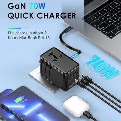 JMFONE 70W GaN Travel Adapter with Built-in USB-C Cable - color: 70W Black-Gray