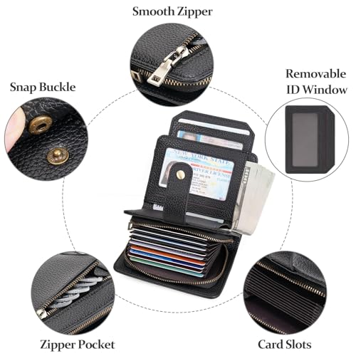 GAEKEAO Small Leather Credit Card Holder Wallets for Women RFID Blocking Bifold Wallet Zipper Pocket with Removable ID Window - color: Y-Black-Small