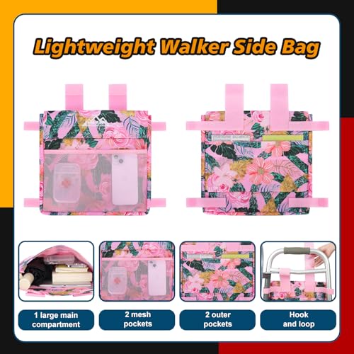 supregear Walker 사이드 백, 접이식 워커용 방수 액세서리 바스켓 파우치, 경량 핸즈프리 보관 캐리어 토트, 범용 사이즈 노인 캐디 부착물, 핑크 플로럴 - color: 핑크 플로럴.
