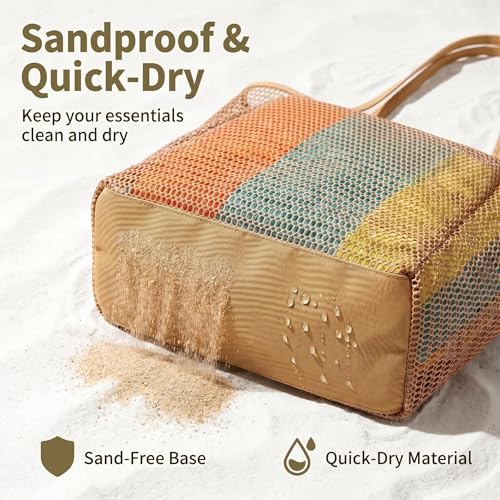 Mesh Beach Tote Bag for Women, Sandproof Quick Dry Foldable Travel Bag - color: Khaki