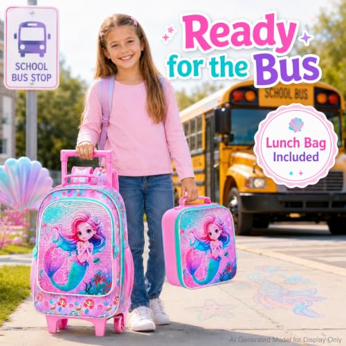 KLFVB Rolling Backpack for Girls Boys, Kids Roller Wheels School Bookbag with Lunch Bag, Wheeled School Bag for Children - color: Reversible Sequins Mermaid Rolling Backpack Set