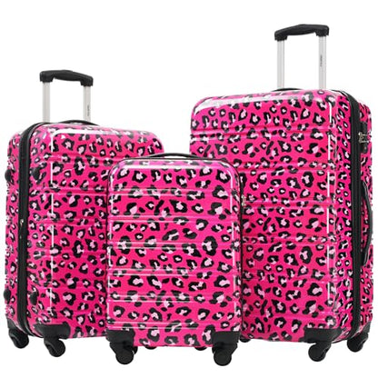 Merax Leopard Print Luggage Set,3-Piece Hardshell Suitcases,Hot Pink - color: Hot Pink Leopard, size: 3 Piece(20/24/28)