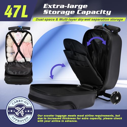 smilesun Foldable Ride On Scooter Suitcase with Front Opening, Lightweight Carry On Scooter Luggage for Adults, Teens & Kids（Black 20-inch） - color: Black