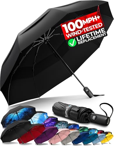 TUMELLA Strongest Windproof Travel Umbrella (Compact, 100MPH Wind-Tested), Light, Portable, One-Handed Use, Automatic Folding Rain Umbrella, Durable, Premium Grip, Fits Car & Backpack - color: 1-pack Black