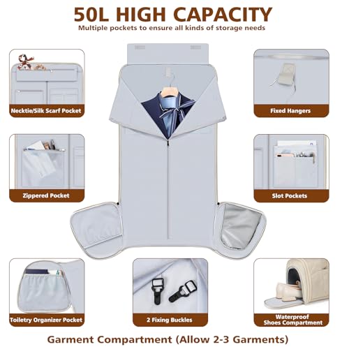 Rolling Garment Bag for Travel, 50L Duffle Bag with Shoe Compartment, 4pcs - color: Khaki