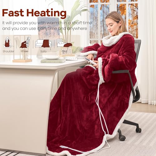 MAXEVE Heated Wearable Blanket with Foot Pocket & Sleeves Electric Snuggle - color: Wine, size: Long