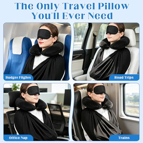 Sosation 3 Pcs Airplane Sleep Support Set Includes Arm Travel Sling Wrap Blanket, Memory Foam Neck Pillow and Light-Blocking Eye Mask, Flight Sleeping Essentials Comfort for Long-Distance Travel