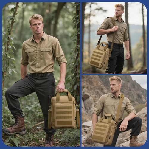 Tactical Messenger Bag, Laptop Briefcase MOLLE Shoulder Pack Handbag - color: Coyote