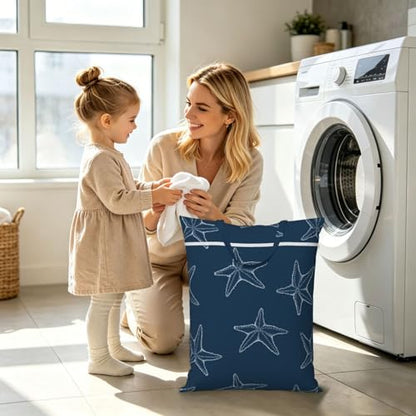 "ocean starfish navy blue beach 2-Pack Travel Laundry Bags for Dirty Clothes- Large Waterproof Laundry Tote, Wet & Dry Use, Reusable Foldable Carry Handles for Vacation, Gym & Dorm" - color: Ocean Starfish Navy Blue Beach