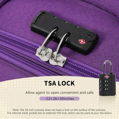 4-Piece Softside Luggage Set, Expandable Lightweight Polyester Suitcases with Spinner Wheels & TSA Lock, 18/22/26/30 Inch Travel Luggage Set with Front Pockets (Purple) - color: Purple