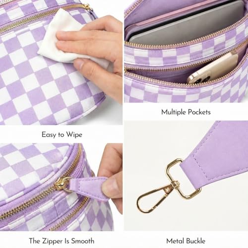 Checkered Crossbody Bum Bags for Women Large Nylon Belt Purse Fanny Packs Bag with Adjustable Shoulder Strap (Light Purple Checkered) - color: Light Purple Checkered