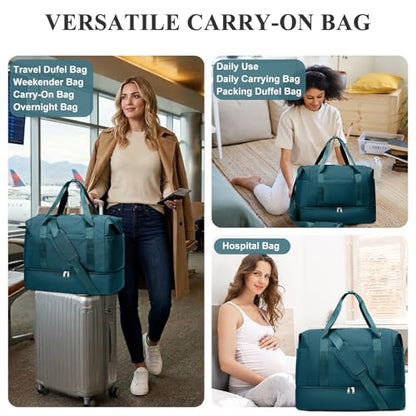 Travel Duffel Bag,Overnight Weekender Bags for Women with Shoe Compartment - color: Peacock Blue