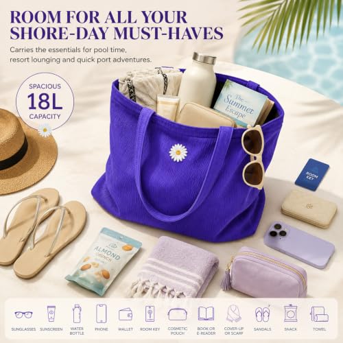 Purple Black Packable Tote Bag for Women with Pockets, Everyday Tote Bag