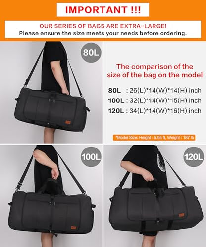 80L EXTRA LARGE Foldable Waterproof Travel Duffle Bag for Men and Women - color: Black, size: 80L
