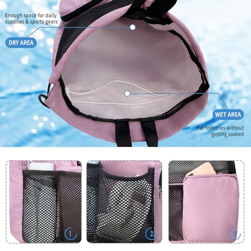 Swim Bag Mesh Beach Drawstring Backpack with Wet Pocket Waterproof for Gym Workout Men Women (Light Purple) - color: Light Purple