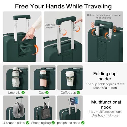 mixi Checked Luggage with Cup Phone Holder and Charger Hard Shell Suitcases with Spinner Wheels, 24 Inch Blackish Green - color: Blackish green, size: 24-inch