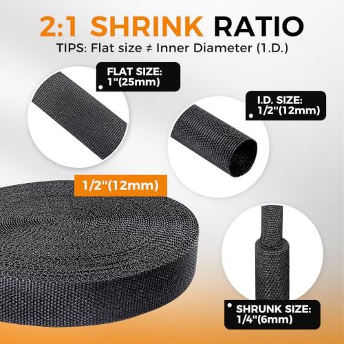 2:1 Ratio Automotive Heat Shrink Braided Sleeving 1/2''-26ft - size: 1/2"-26ft