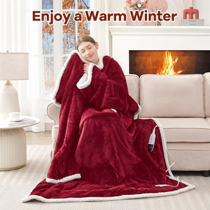 MAXEVE Heated Wearable Blanket with Foot Pocket & Sleeves Electric Snuggle - color: Wine, size: Long