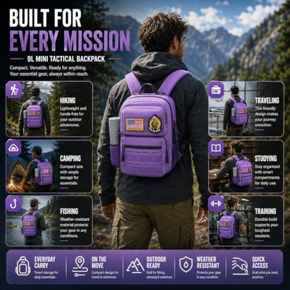 9L Mini Tactical Backpack, Small Hiking Travel Pack for Men, Purple - color: Purple