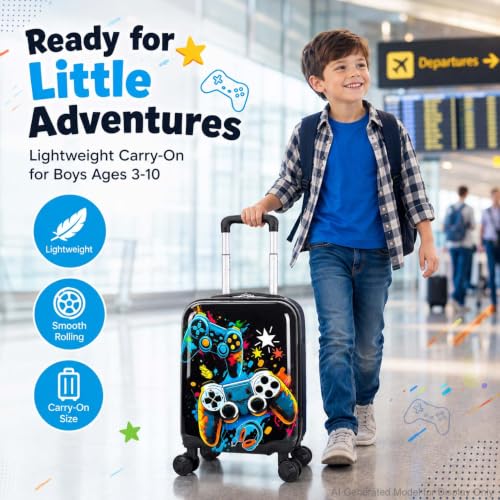 UFNDC Lightweight Hardshell Spinner Kids Suitcase Set 2PCS with Wheels - Airplane Approved Carry-On Luggage for Boys & Children Ages 3-10, Fun Game Rolling Suitcases for Elementary Toddler Travel - color: Black Fun Game Luggage 2PCS Set