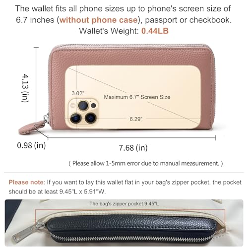 Moflycom Womens Wallet RFID Blocking Genuine Leather Zip Clutch Wristlet - color: Pink