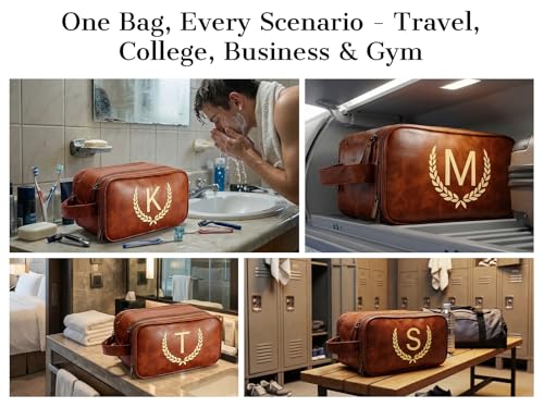 OXYEFEI Personalized Gifts for Men, Personalized Large Toiletry Bag for Men,Custom PU Leather Waterproof Mens Toiletry Travel with Initial Essential Dopp Kit Shaving Bag (B, Light Brown) - color: Light Brown, style: B