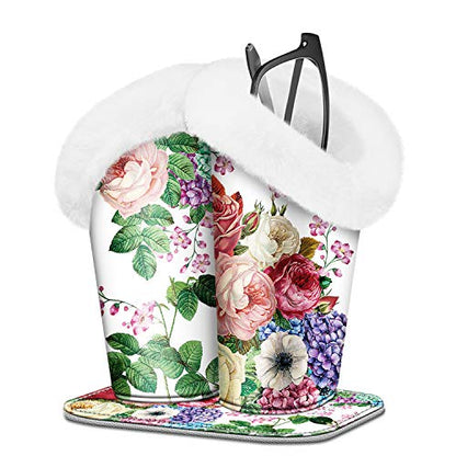 FINTIE Plush Lined Double Eyeglasses Holder with Magnetic Base for Desk - color: Flower Festival