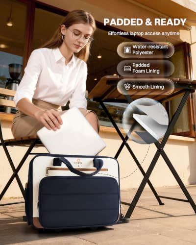 Puffer Women's Rolling Laptop Briefcase Bag with Wheels for Work & Travel - color: Ribbed Navy Blue
