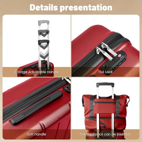3-Piece Luggage Set with Carry On Luggage Set 22x14x9 Airline Approved, ABS Hardside Suitcase with 8 Spinner Wheels & TSA Lock, Expandable Suitcase for Men & Women (20/TB/DB Red) - color: Red, size: (20/DB/TB)-Expandable