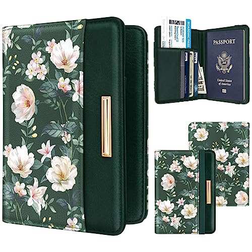 Coco Rossi Passport Holder Cover, RFID Travel Wallet Women Card Holder - color: Green Flower