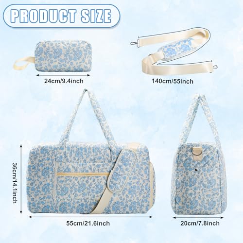 Large Quilted Travel Duffel Bag,Weekender bag with Shoe Compartment - color: Blue Floral