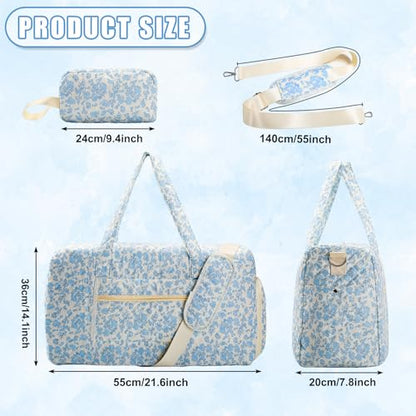 Large Quilted Travel Duffel Bag,Weekender bag with Shoe Compartment - color: Blue Floral