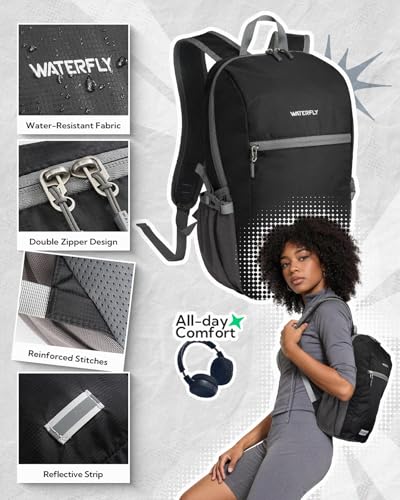 WATERFLY Small Packable Travel Backpack: 10L Ultra-Light Daypack Women Men - color: Black
