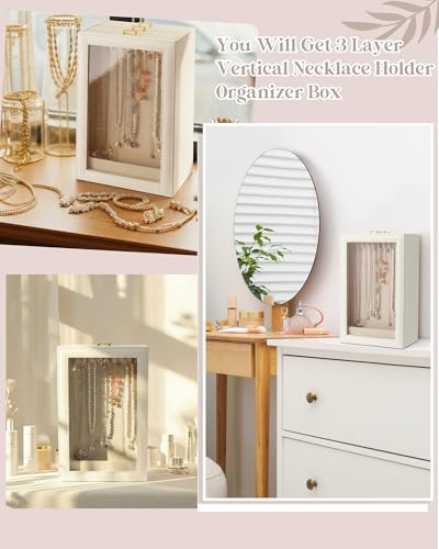 Huquary 3 Layer Vertical Necklace Organizer Box 12.6" x 7.9" x 5", Beige - color: Beige