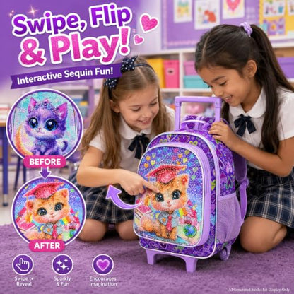 KLFVB Rolling Backpack for Girls Boys, Kids Roller Wheels School Bookbag with Lunch Bag, Wheeled School Bag for Children - color: Reversible Sequins Moon Cat Rolling Backpack Set