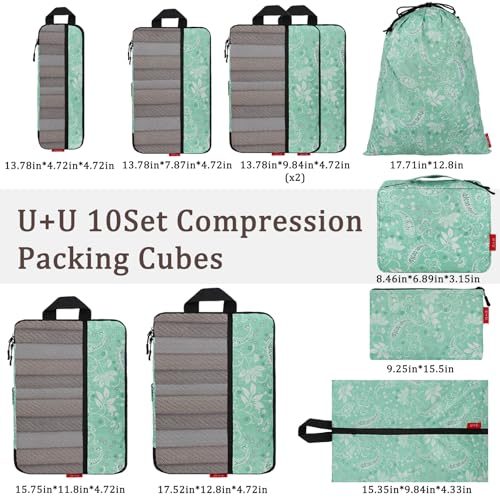 U+U 10 Set Compression Packing Cubes, Travel Organizers (Green Paisley) - color: Green Paisley, size: 10 Set