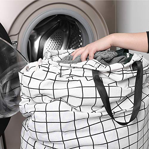 SWISSELITE Heavy Duty Laundry Drawstring Bag with Strap, 28 x 40 Inches Travel Dirty Clothes Bag for Laundromat and Household, 6 Color - color: Check White-Black Line