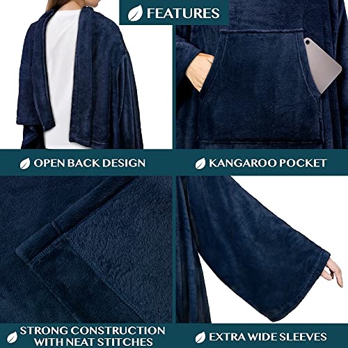 PAVILIA Blanket with Sleeves for Adult Women Men, Soft Warm Wearable Blanket Fleece Wrap Throw, Robe Blanket Gift - color: Navy