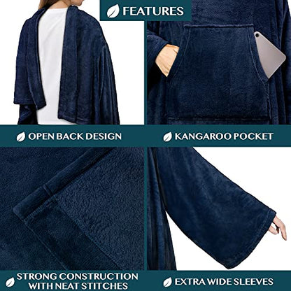 PAVILIA Blanket with Sleeves for Adult Women Men, Soft Warm Wearable Blanket Fleece Wrap Throw, Robe Blanket Gift - color: Navy