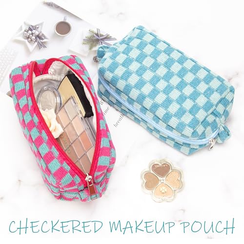 Checkered Makeup Bag for Purse, Small Travel Cosmetic Pouch,Magenta Green - color: Magenta Green