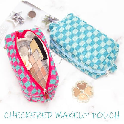 Checkered Makeup Bag for Purse, Small Travel Cosmetic Pouch,Magenta Green - color: Magenta Green