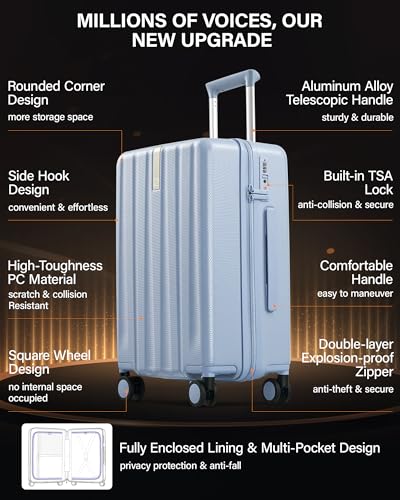 Hanke Upgraded Elite 24 Inch Checked Luggage,PC Hard Shell Suitcases with Wheels, TSA Lock, Explosion-Proof Zipper Suitcase for Business Travel Men & Women,Mist Blue - color: Mist Blue, size: 24 Inch