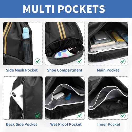 JELUTAR Drawstring Backpack Gym Bag with Shoes Pocket, Black Gold - color: Black Gold, size: Large
