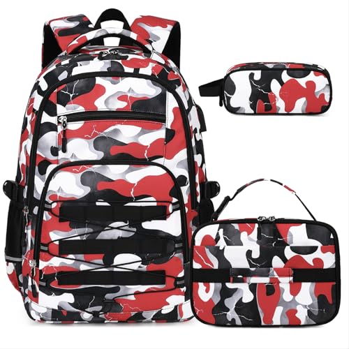 ACESAK 3PCS Camo Backpack for Boys with Lunch Box Pencil Case - color: Red White