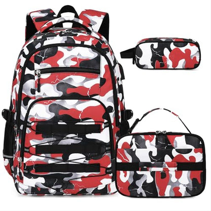 ACESAK 3PCS Camo Backpack for Boys with Lunch Box Pencil Case - color: Red White